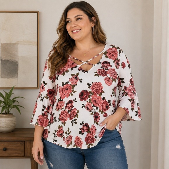 torrid Tops - Torrid Blouse L Womens Plus White Pink Floral Bell Sleeve Bloomcore Boho V-Neck